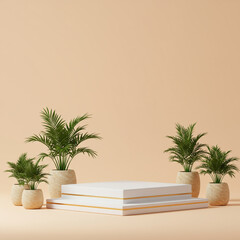 Fototapeta premium Elegant Product Display: White Platform and Tropical Plants