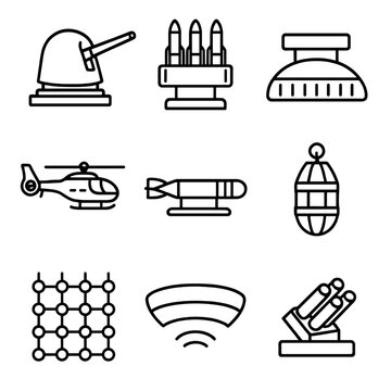 Naval Defense Icons. Outline style icons of Naval Defense Systems: CIWS gun mount, missile silo, sonar dome, ASW helicopter,
