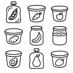 Organic Baby Food Icons. Outline style icons of Organic Baby Food: pureed pea pouch silhouette, carrot puree tub silhouette, apple
