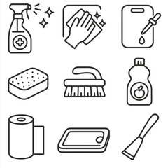 Countertop Sanitization Icons. Outline style icons of Countertop Sanitization: spray disinfectant, antibacterial wipe, cutting