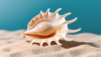 A seashell resting on beach sand with blue ocean backdrop