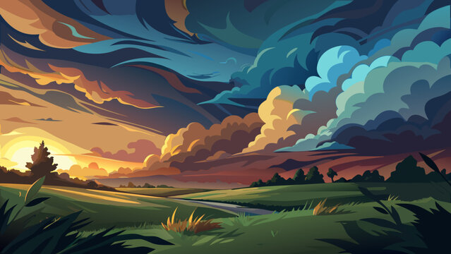 Dramatic sunset over rolling hills with vibrant colorful clouds and a winding path