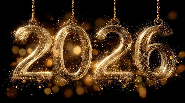 A horizontal golden loading indicator in the shape of fireworks, dynamically progressing from "2026"