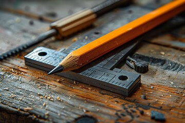 A combination square and carpenter’s pencil placed on a wooden surface, ready to assist in measuring and marking materials for a woodworking project. 