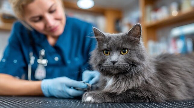 Veterinary Professional Trimming Grey Cat Claws