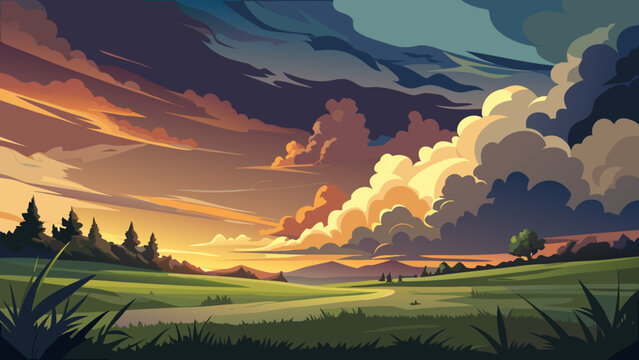 Vibrant sunset paints dramatic clouds over rolling green hills and silhouetted trees