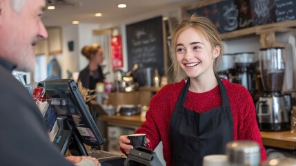Smiling autistic girl waiter behind the counter of a coffee shop, handing a customer a freshly made coffee, with a cheerful cafe environment in the background.