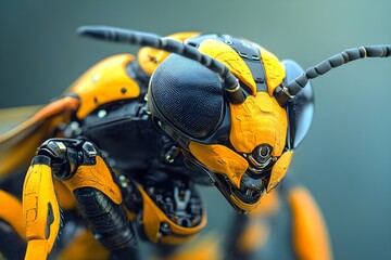 Close-up of a yellow and black robot wasp, with large glowing compound eyes, a powerful lower jaw from the angular features and a complex body structure also filled with technological details