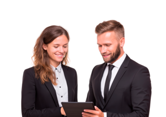 Professional teamwork and collaboration using digital technology in a business meeting on transparent background, PNG