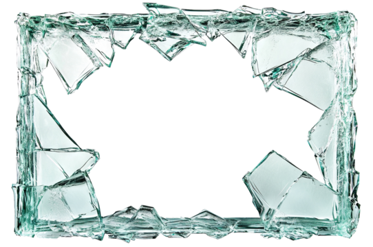 Shattered glass border with sharp edges, isolated on transparent cutout background