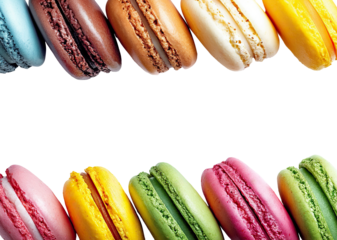 Sweet border made of delicious macarons, isolated on transparent cutout background