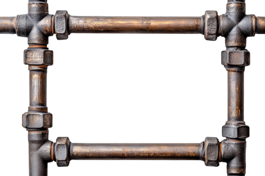 Rusty metal pipe frame rectangle, isolated on transparent cutout background