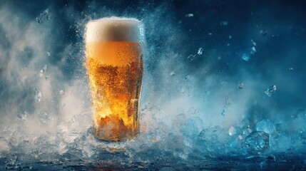 As ice breaks, a large, misty beer glass gushes out. Ice granules and water droplets scatter around the glass, capturing a dynamic, frozen moment. 