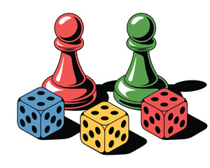 Flat vector art of stylized board game pawns and multicolored dice with bold outlines on a white background, ideal for tabletop gaming, kids’ books, or playful game-themed graphics