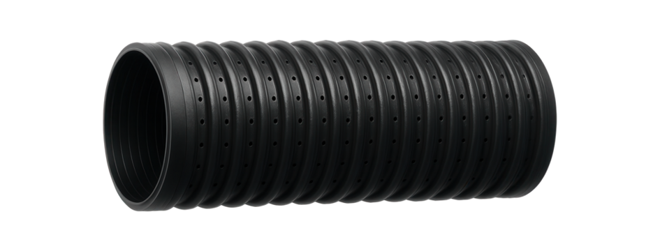 Double-walled drainage pipe with perforations, used for sub-surface drainage systems in a cottage garden.