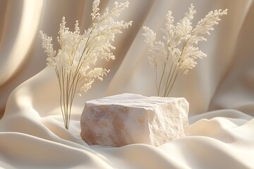 Stone podium with delicate white floral accents on draped silk f