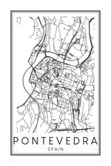 Hand drawn printable downtown road map poster of the Spanish city of PONTEVEDRA on solid white background with city name
