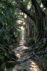 Sunlit Path Through Lush Tropical Forest