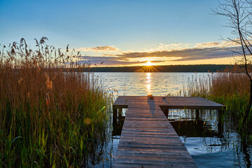 Wooden pier at sunrise over calm lake with reeds and forest.