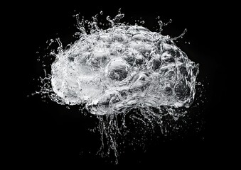 A digital brain made of water splashes, on a black background