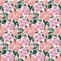 florals hibiscus Pink Pastel fabric pattern vector flat design