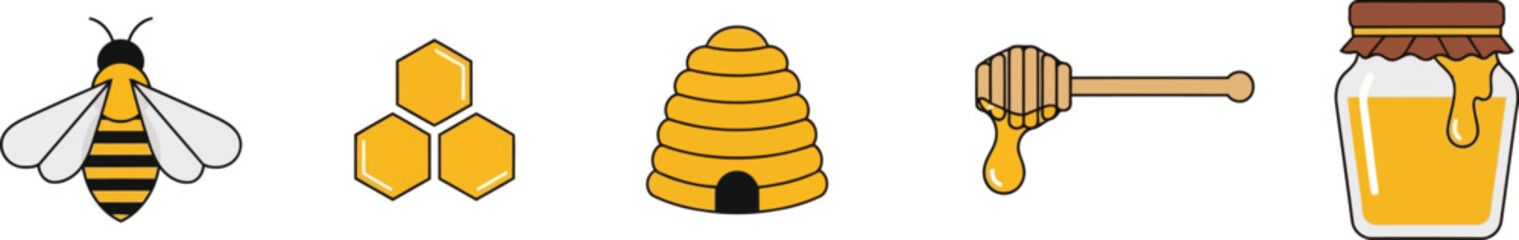 Honey Bee, Hive, Comb, Dipper & Jar Vector Icon Set: Natural Sweet Product, Apiculture, Beekeeping Elements, Organic Food, Golden Nectar Collection.
