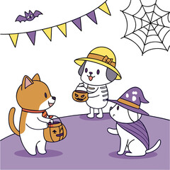 Cute cartoon dogs and cat dressed in halloween costumes with candy buckets and decorations like bats bunting and spiderwebs for trick or treating