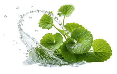 Fresh green gotu kola leaves with a dynamic water splash isolated on transparent background