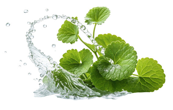 Fresh green gotu kola leaves with a dynamic water splash isolated on transparent background