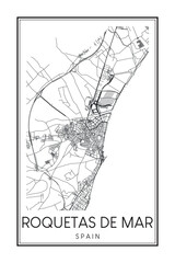 Obraz premium Hand drawn printable downtown road map poster of the Spanish city of ROQUETAS DE MAR on solid white background with city name