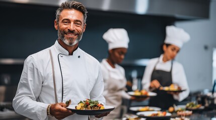 Smiling waiter standing in the restaurant kitchen holding food plates, with female chefs plating dishes and creating an elegant culinary scene.