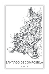 Obraz premium Hand drawn printable downtown road map poster of the Spanish city of SANTIAGO DE COMPOSTELA on solid white background with city name