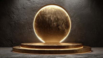 Golden Stage Presentation: An elegant gold stage featuring a round pedestal with soft illumination, against a textured, dark background. A perfect backdrop for product display or award ceremonies.