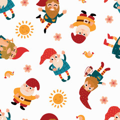 Cute Cartoon Gnomes Seamless Pattern. Design for fabric, textile, wallpaper, packaging