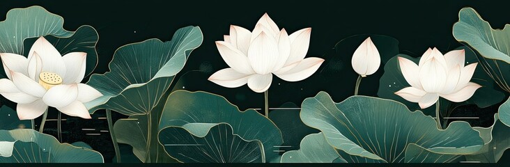 A flat vector illustration of lotus flowers and leaves on a dark green background, with white lines