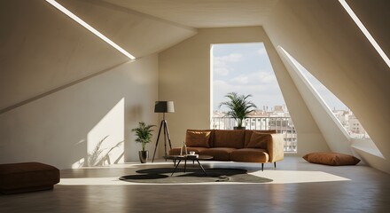 Sunlit attic apartment with leather sofa, plants, and unique angular windows offering a cityscape view.
