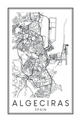 Hand drawn printable downtown road map poster of the Spanish city of ALGECIRAS on solid white background with city name