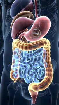 Human Digestive System Medical Animation Featuring Intestine Stomach Liver Colon in Transparent Torso Anatomical Visualization and Educational Resource