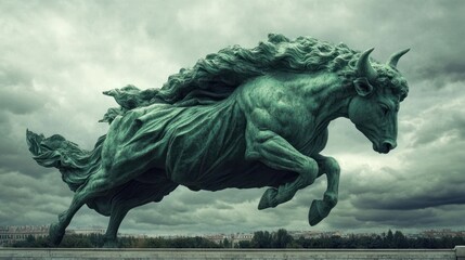 Obraz premium Dramatic bronze bull statue leaps against a stormy sky