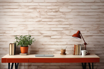 Elegant vintage workspace showcasing a white table with office essentials and a brick backdrop