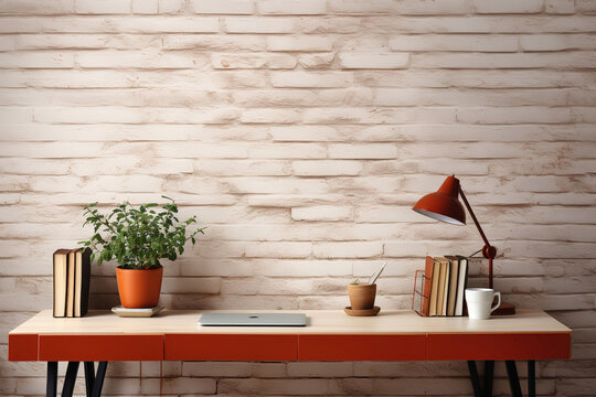 Elegant vintage workspace showcasing a white table with office essentials and a brick backdrop
