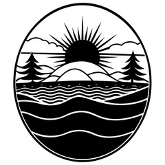 Circular landscape with sun rising over hills and water silhouette