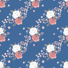A refined pattern of ivory and blush flowers including roses and peonies arranged in soft clusters on navy background. Perfect for luxury themes.