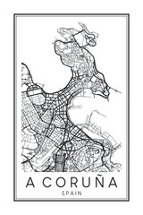Hand drawn printable downtown road map poster of the Spanish city of A CORUÑA on solid white background with city name