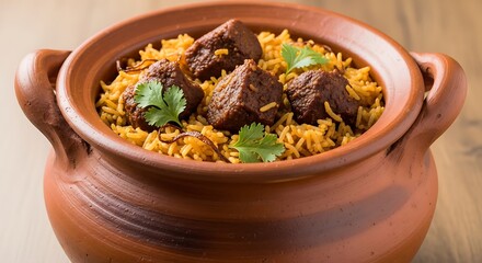 Fototapeta premium Hearty beef biryani served in a traditional clay pot
