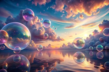 Dreamlike iridescent bubbles float over a tranquil sunset ocean reflecting vibrant cloudscape.