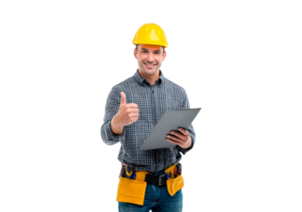 Smiling construction worker giving thumbs up with clipboard and tools on transparent background, PNG