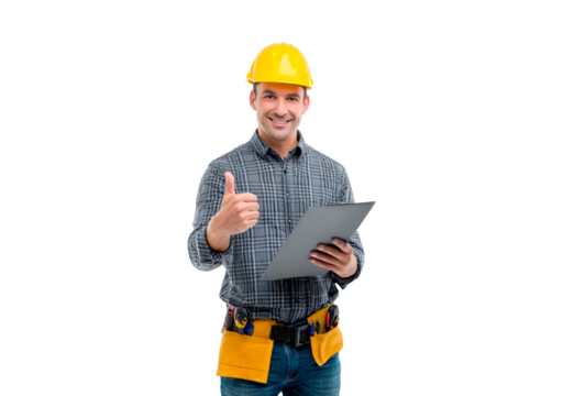 Smiling construction worker giving thumbs up with clipboard and tools on transparent background, PNG