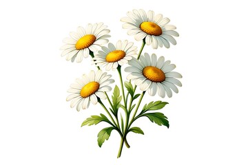Fototapeta premium Delicate white daisies with yellow centers and green leaves flowers
