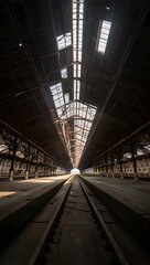 Exploring abandoned train station architecture and railway tracks with natural light